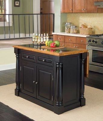 Whistle Stop Distressed Oak and Granite Top Black Wooden Kitchen Island, by The Gray Barn