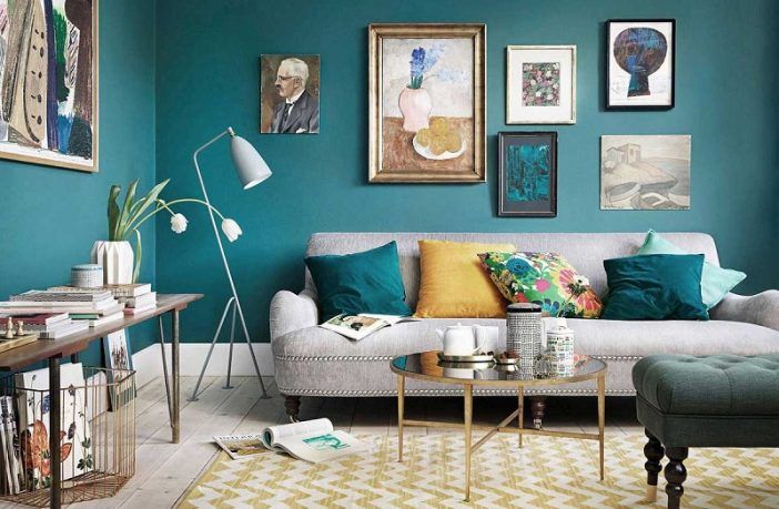 Grey And Teal Aclectic Living Room