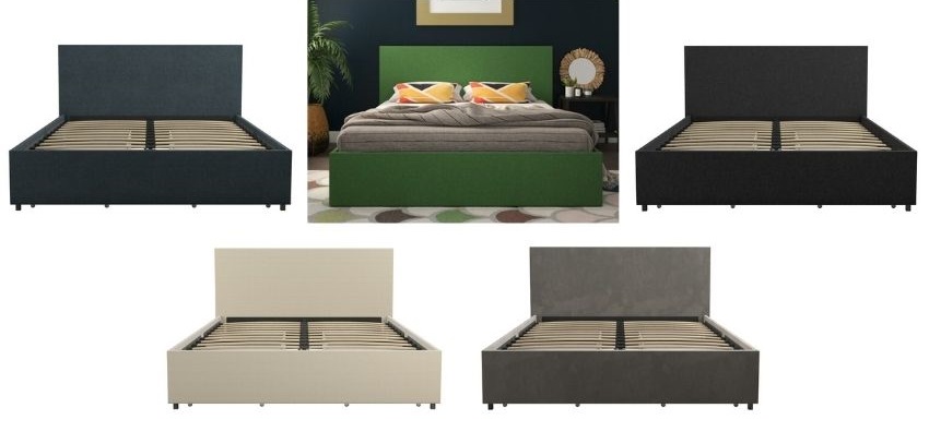 kelly upholstered storage platform bed in gray, navy, ivory color