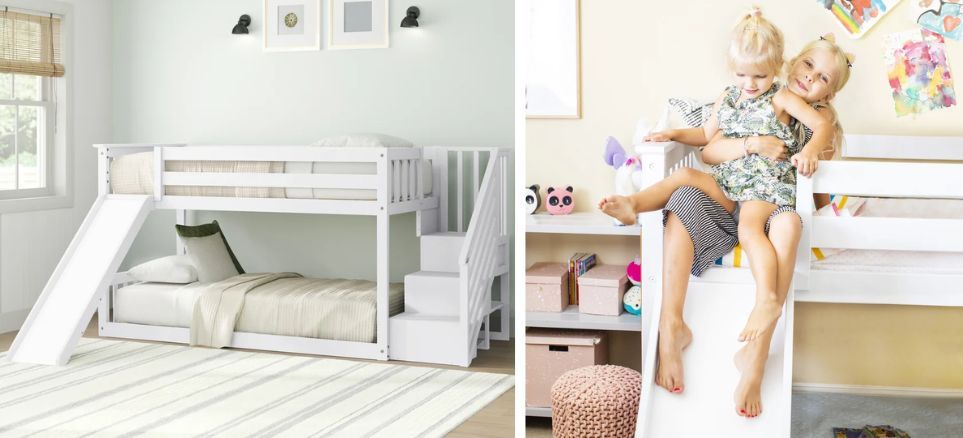 kids using bunk bed with slide