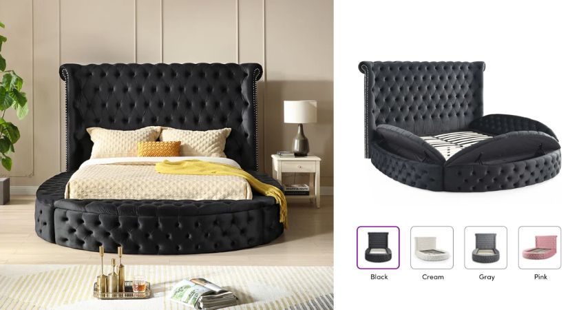 Dipansu Upholstered Metal Wingback Storage Round Bed